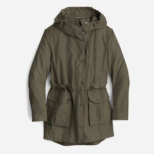 J Crew Raincoat Olive Green Color with Zipper, buttons and hood. Water-resistant